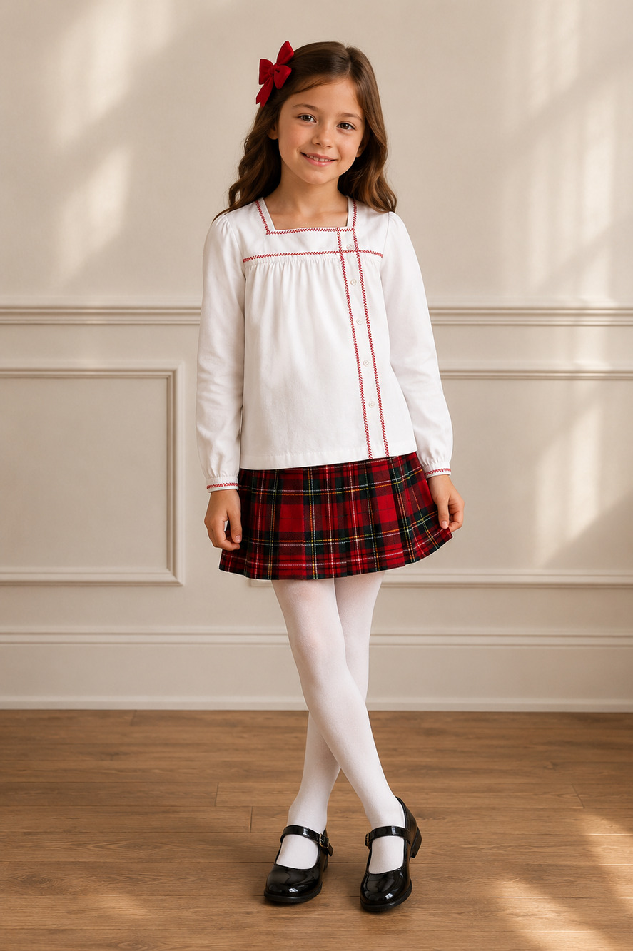Jacadi White Flannel Long Sleeve Blouse Button Up Red Vine Trim | Girls Size 8 Y